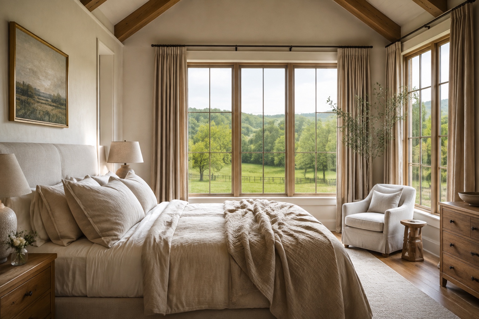 Serene country bedroom with natural linens and large windows onto green countryside