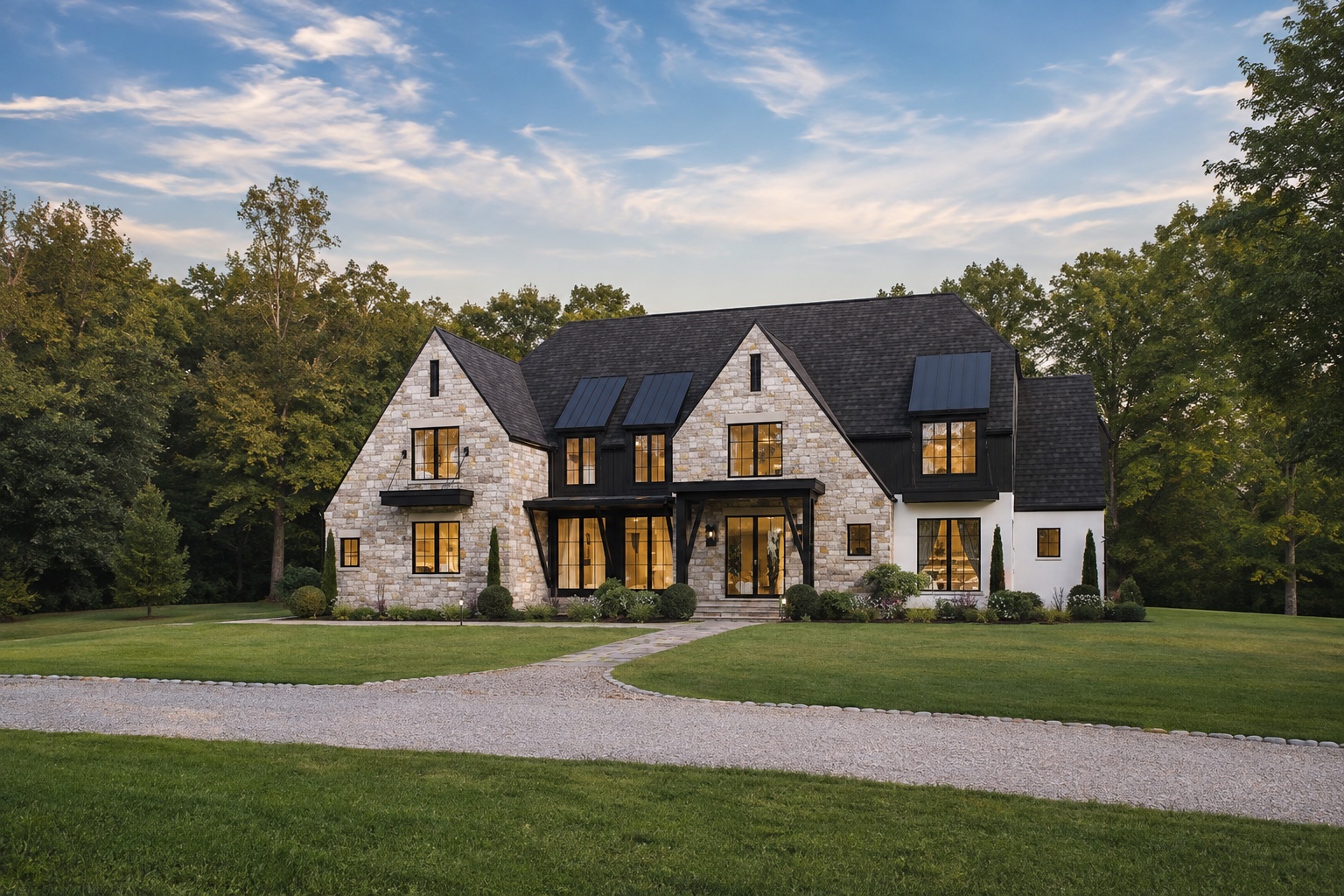 Stone-and-white country home with steep gables, dark windows, a broad lawn, and a gravel drive