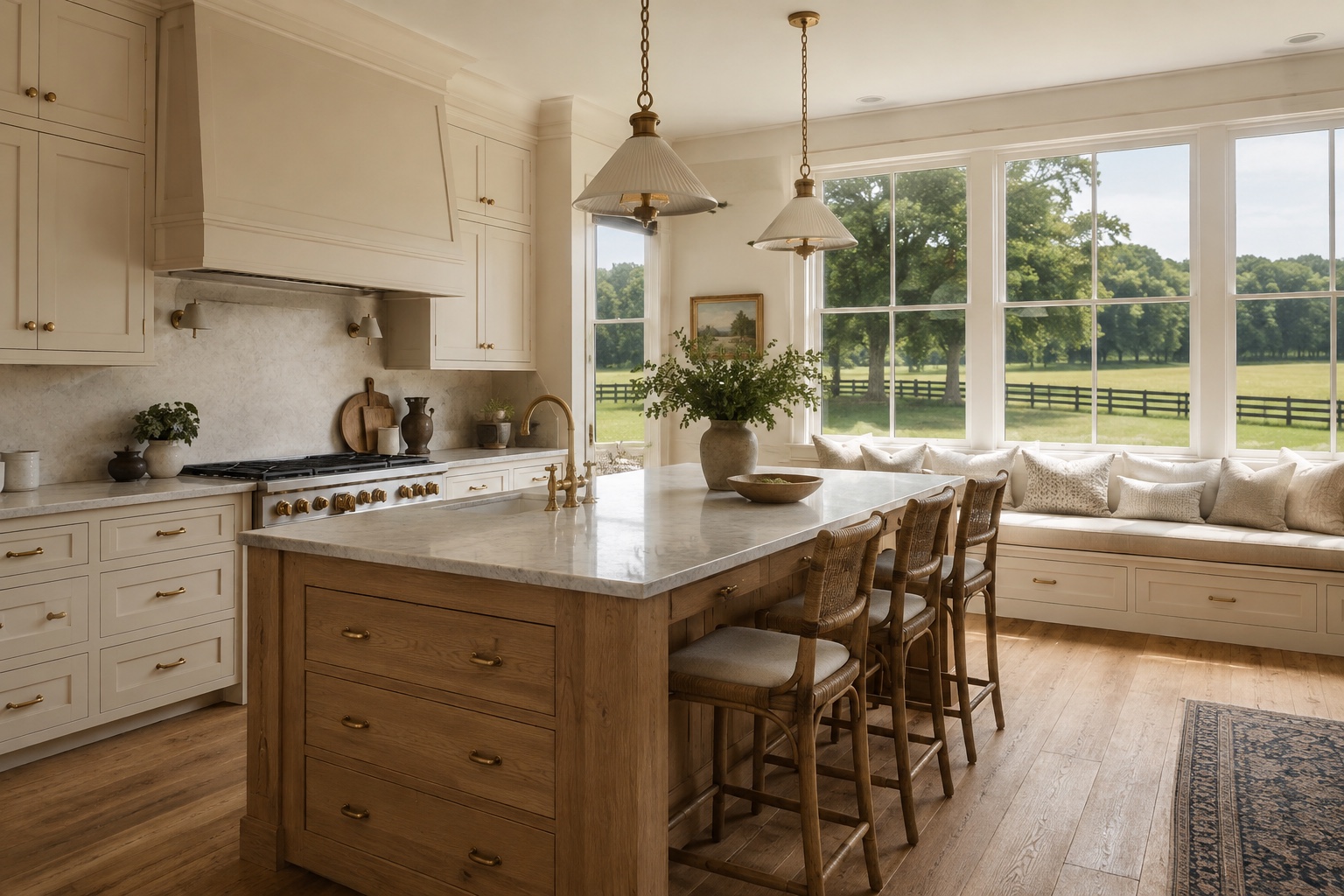 Country kitchen with cream cabinetry, oak island, and windows onto green pasture