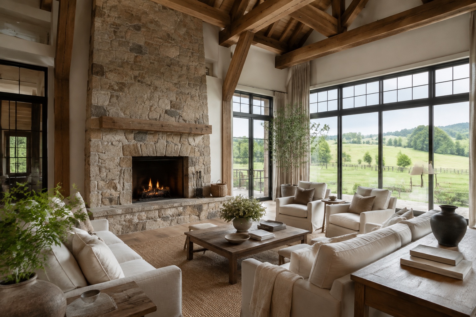 Country living room with natural stone fireplace, oak beams, and pasture views